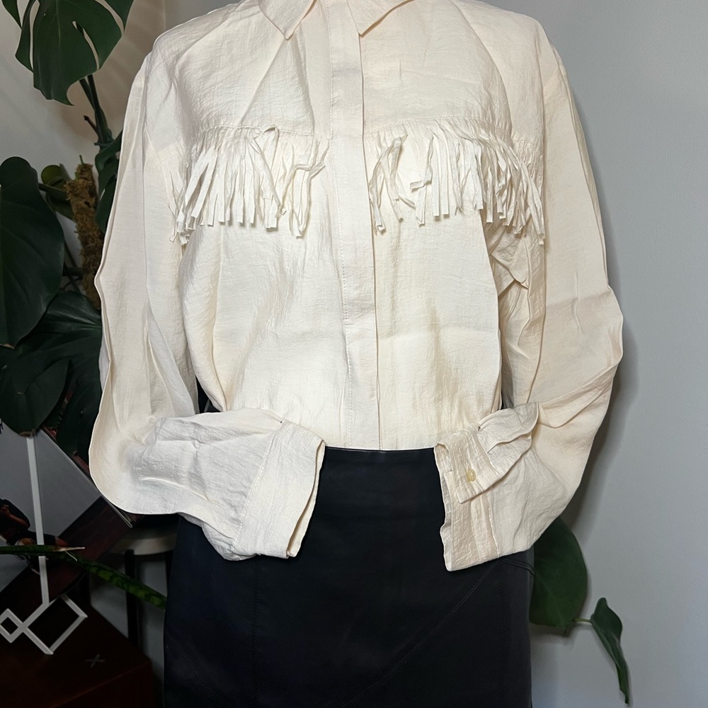 Cream Fringe Button-Up Shirt